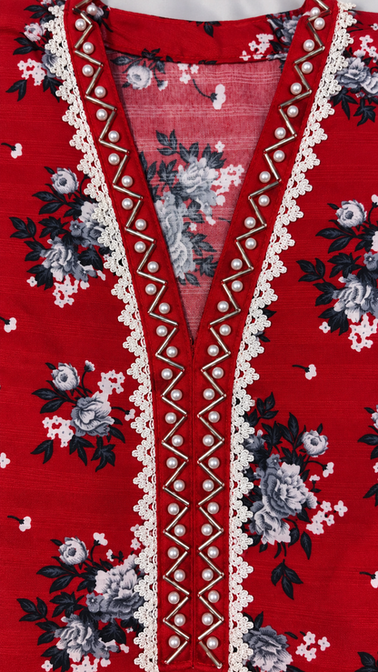 Deep Red & Grey Floral 2-Piece Stitched Suit