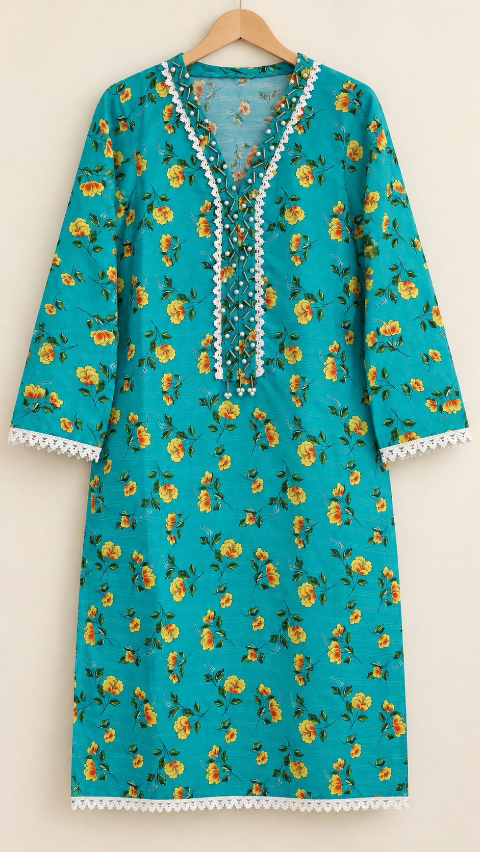 Turquoise Teal & Yellow Floral 2-Piece Stitched Suit