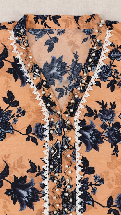 Peach &amp; Navy Floral Print 2-Piece Stitched Suit