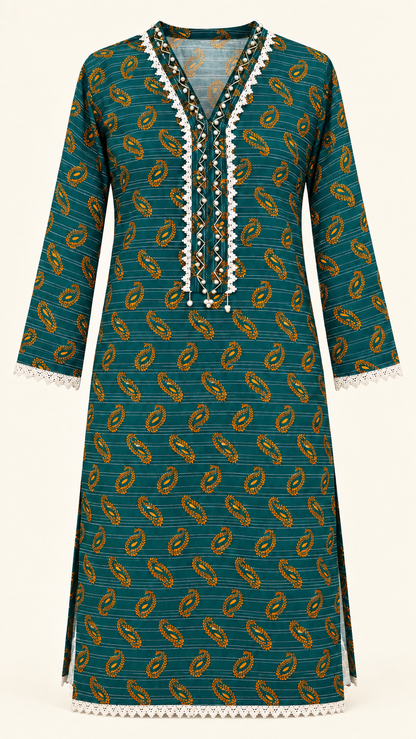 Deep Teal & Mustard Paisley 2-Piece Stitched Suit