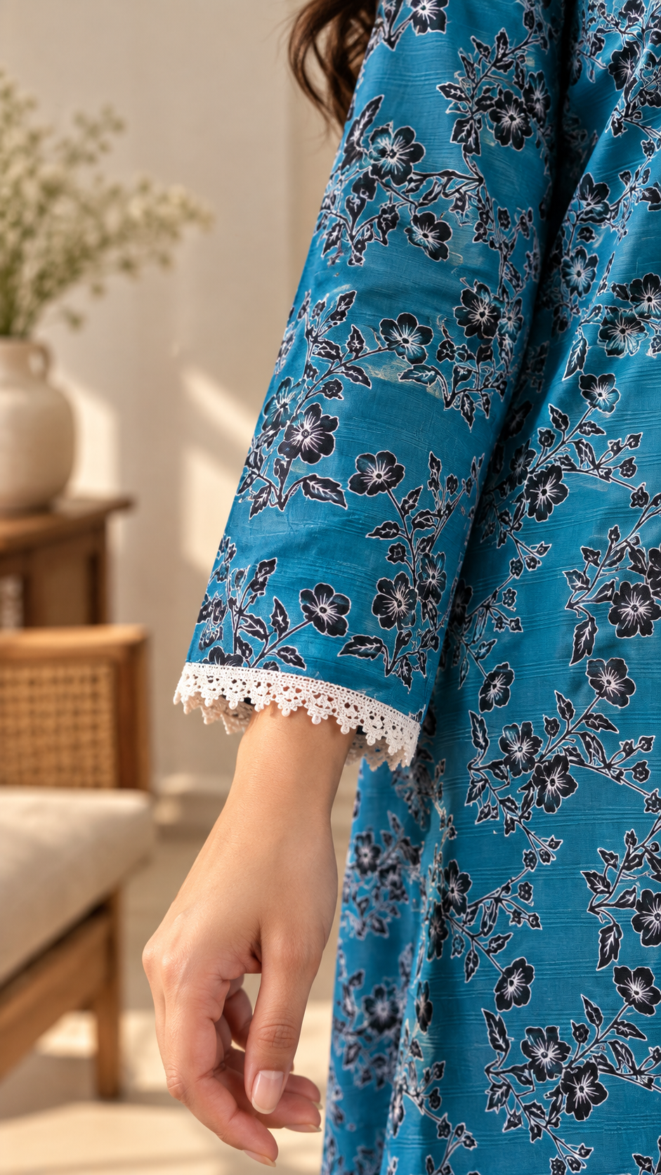 Teal Blue & Black Floral 2-Piece Stitched Suit