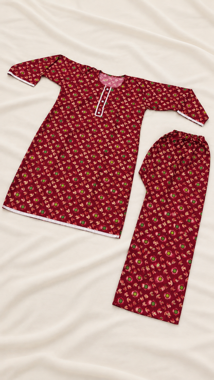 Deep Crimson & Green Floral China Wool 2-Piece Stitched Suit