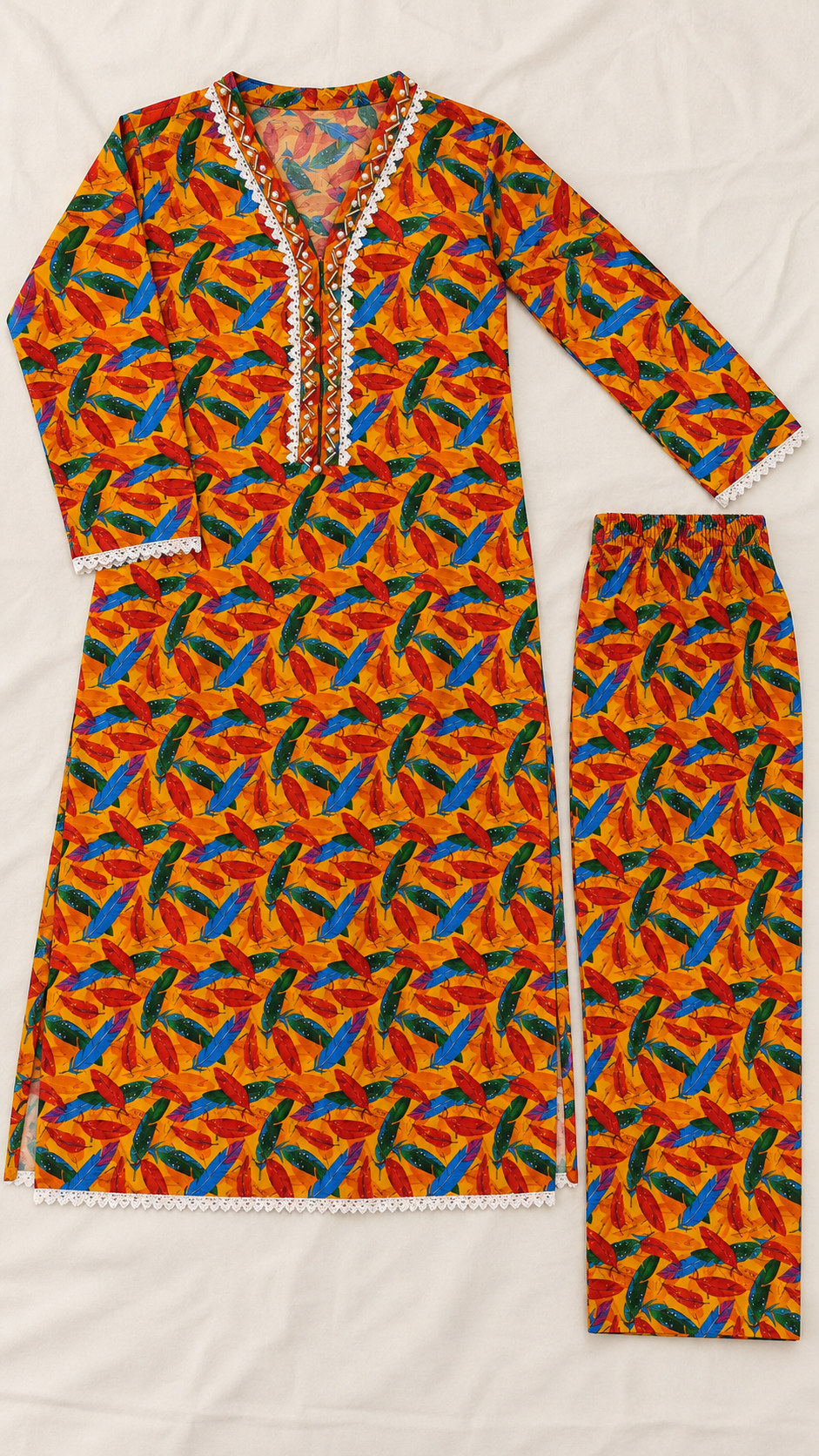 Mustard Yellow Multicolor Feather Print 2-Piece Stitched Suit