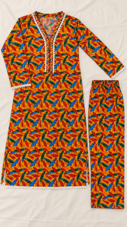 Mustard Yellow Multicolor Feather Print 2-Piece Stitched Suit