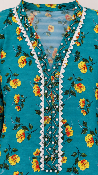 Turquoise Teal & Yellow Floral 2-Piece Stitched Suit