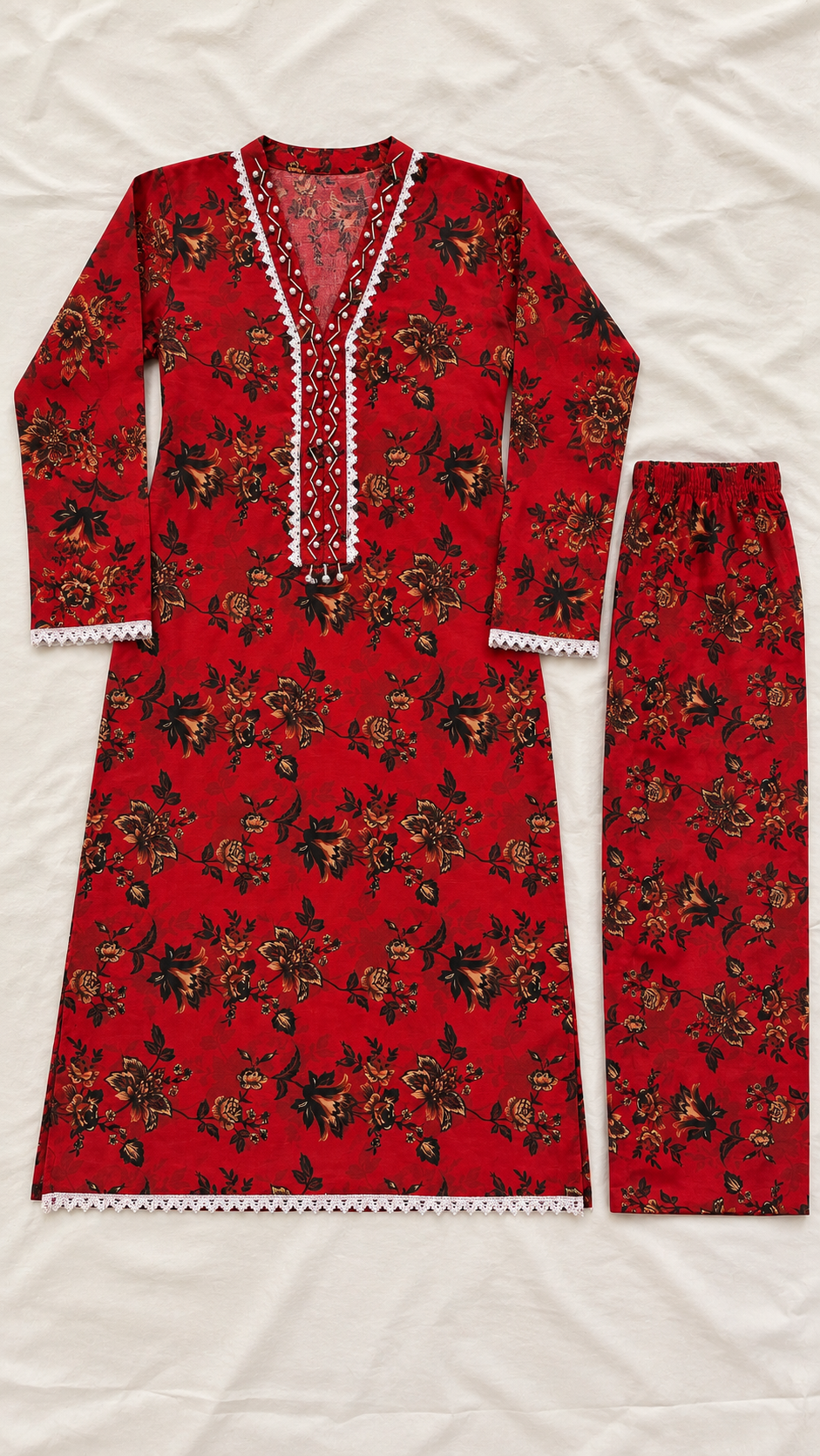 Crimson Red & Black Floral 2-Piece Stitched Suit