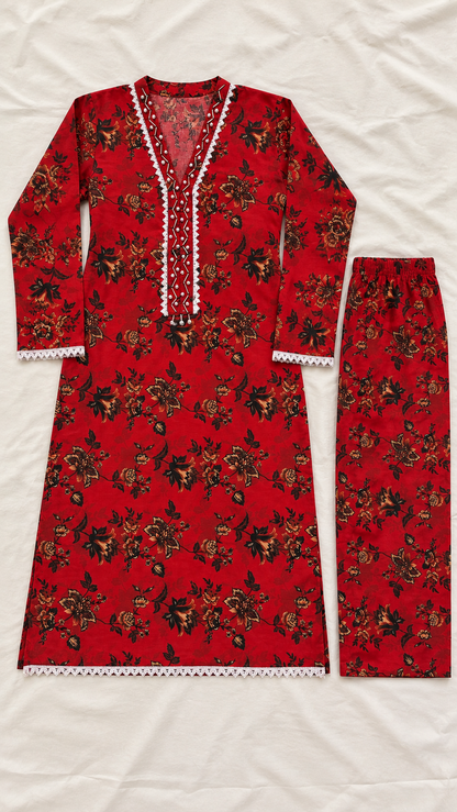 Crimson Red & Black Floral 2-Piece Stitched Suit