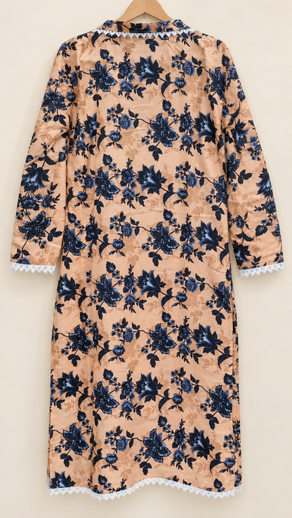 Peach &amp; Navy Floral Print 2-Piece Stitched Suit