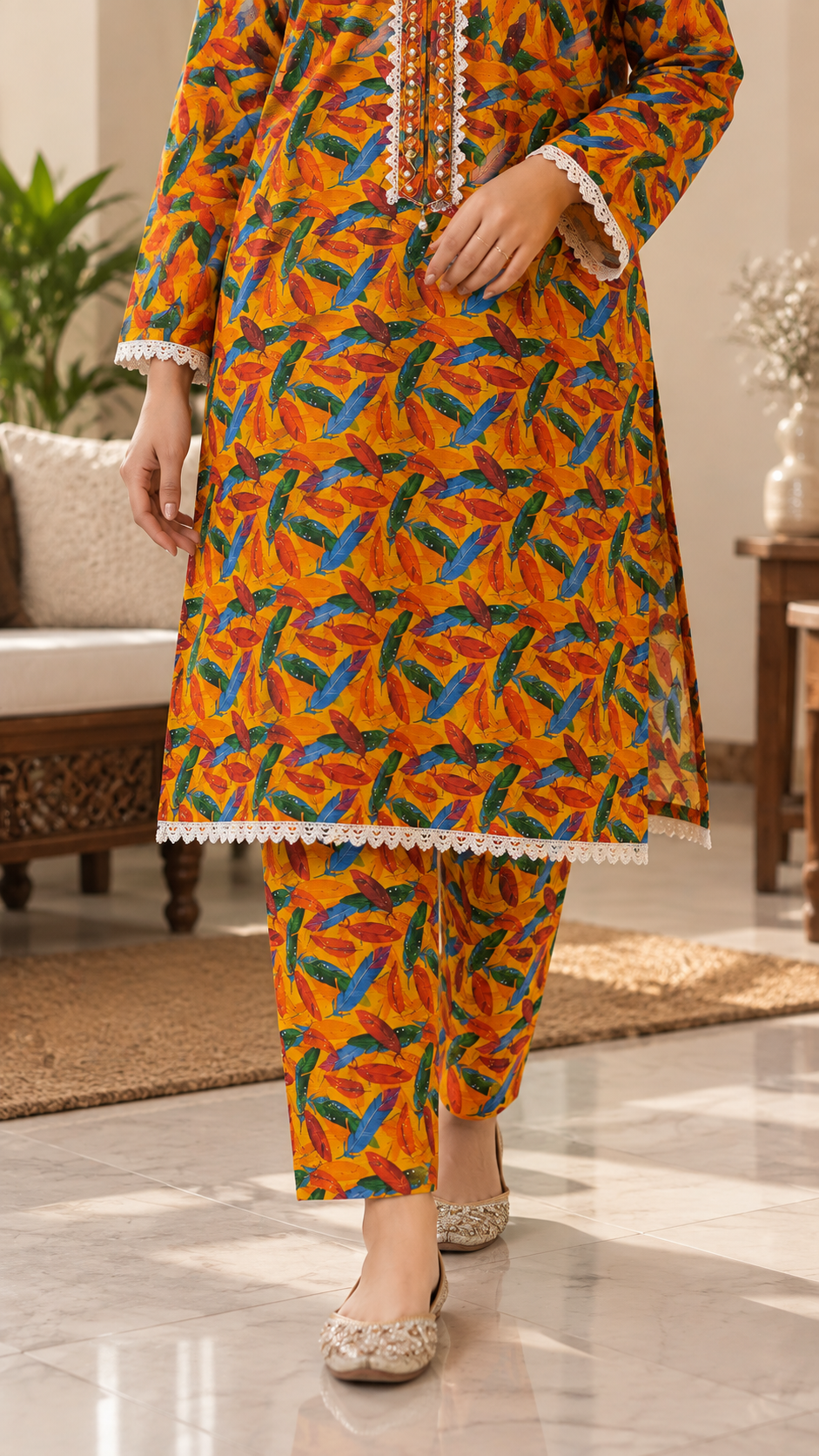 Mustard Yellow Multicolor Feather Print 2-Piece Stitched Suit