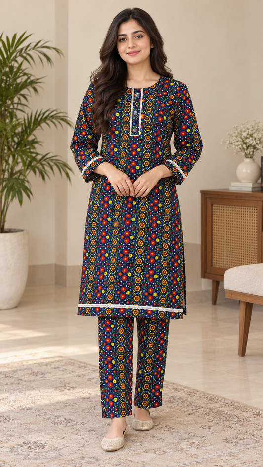 Navy Blue Multicolor Floral China Wool 2-Piece Stitched Suit