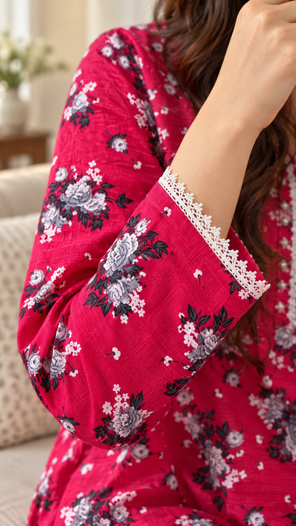 Fuchsia Pink Floral Print 2-Piece Stitched Suit