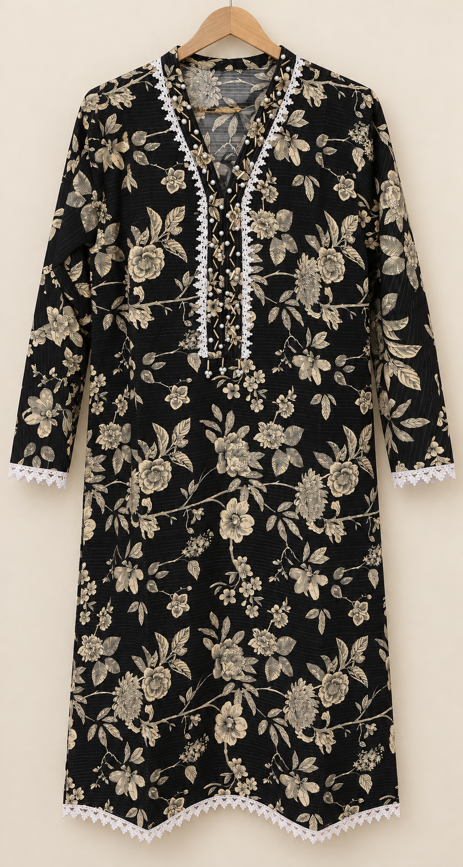 Black & Beige Floral Printed 2-Piece Stitched Suit