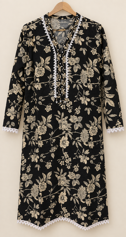 Black & Beige Floral Printed 2-Piece Stitched Suit