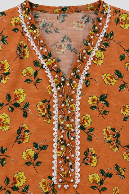 Rust Orange & Yellow Floral 2-Piece Stitched Suit