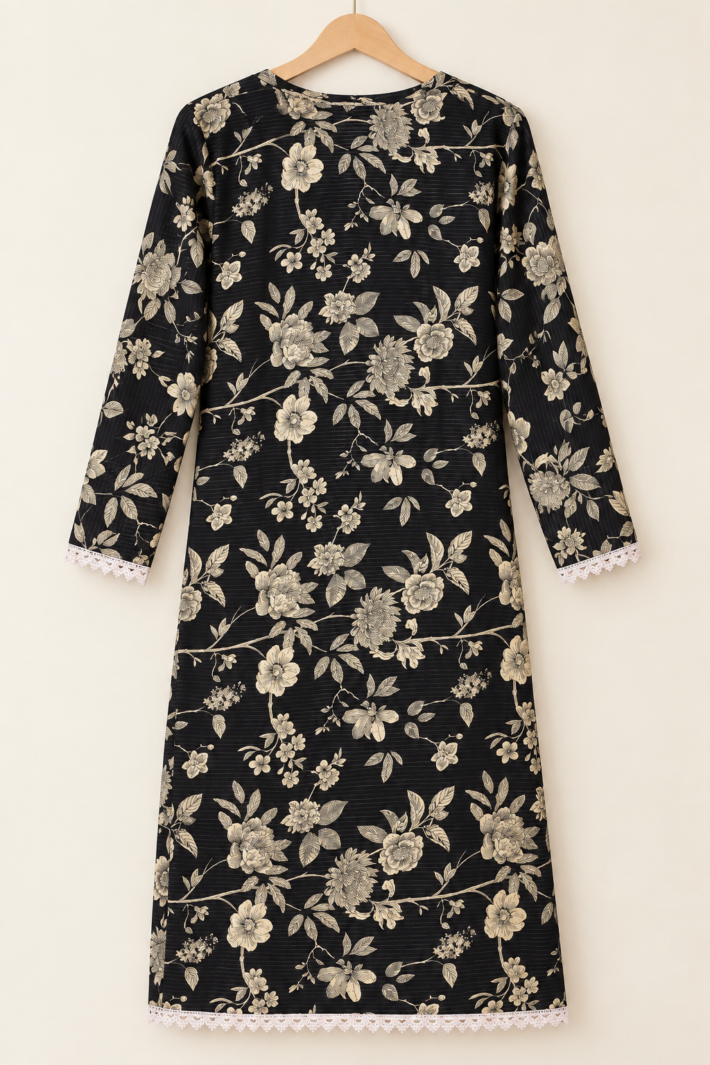 Black & Beige Floral Printed 2-Piece Stitched Suit
