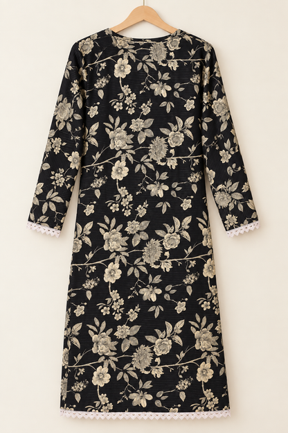 Black & Beige Floral Printed 2-Piece Stitched Suit
