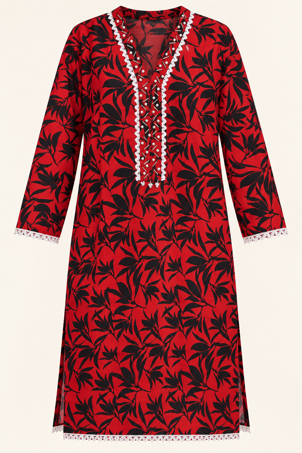 Red & Black Leaf Print 2-Piece Stitched Suit