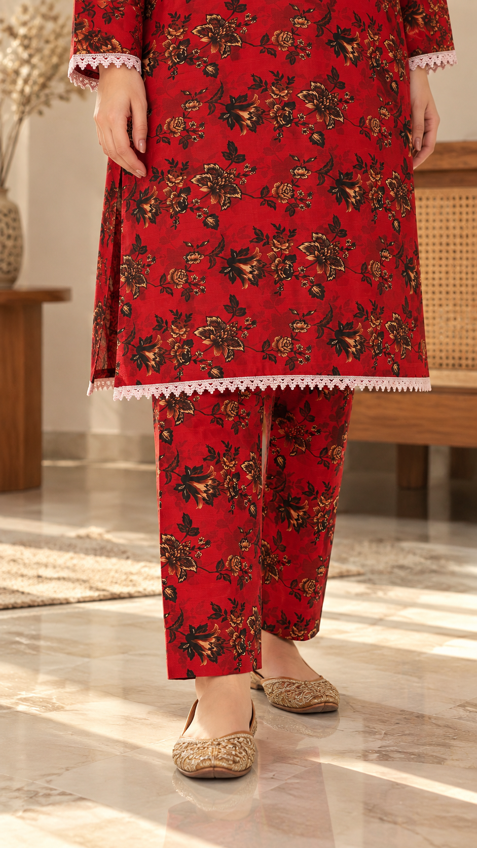 Crimson Red & Black Floral 2-Piece Stitched Suit