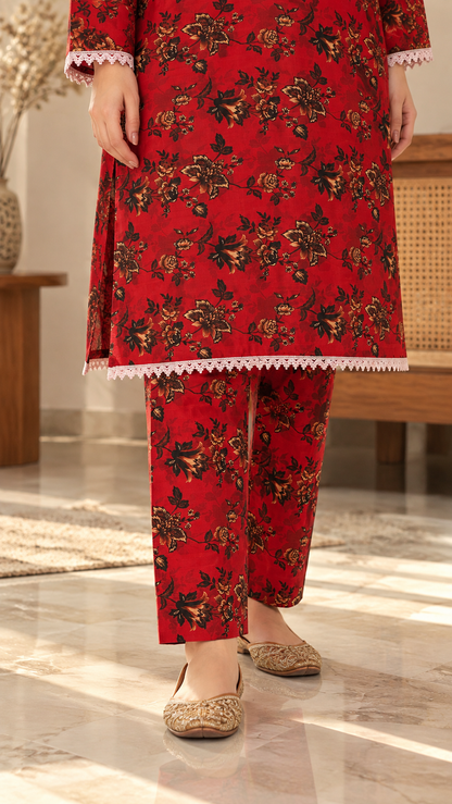 Crimson Red & Black Floral 2-Piece Stitched Suit