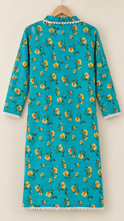 Turquoise Teal & Yellow Floral 2-Piece Stitched Suit