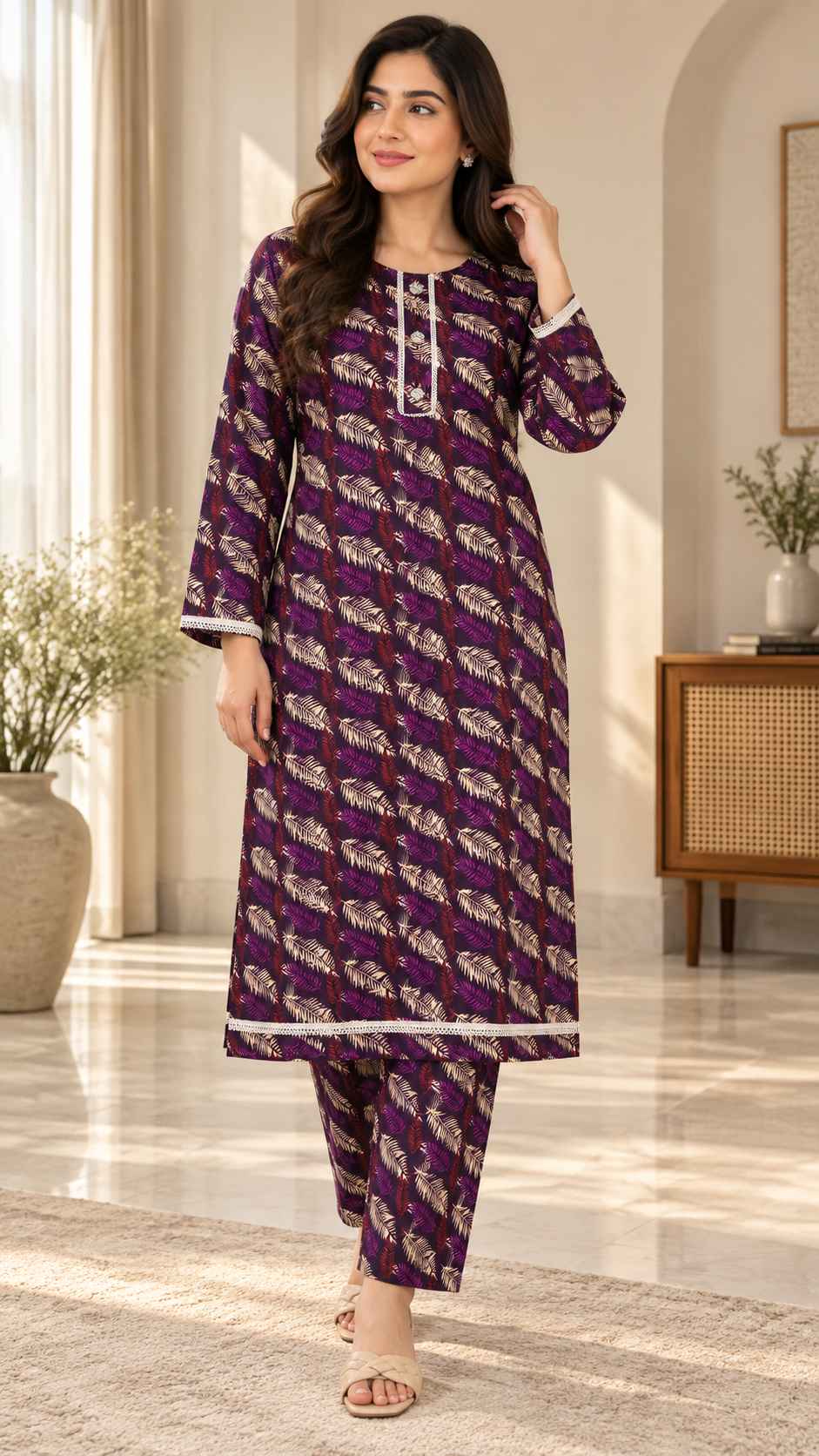 Deep Plum & Cream Leaf Print China Wool 2-Piece Stitched Suit