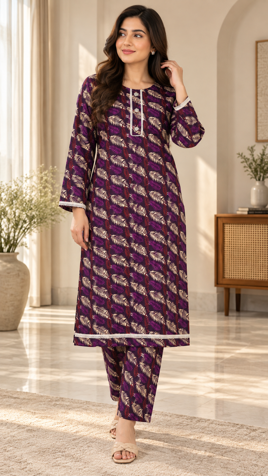 Deep Plum & Cream Leaf Print China Wool 2-Piece Stitched Suit