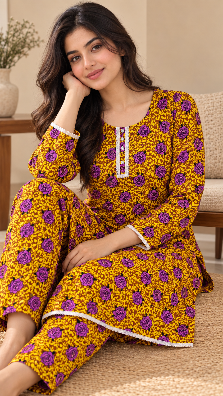 Mustard Yellow & Purple Rose Print China Wool 2-Piece Stitched Suit