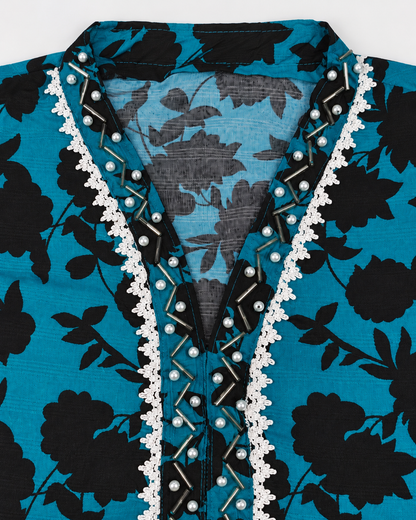 Turquoise Blue & Black Floral 2-Piece Stitched Suit