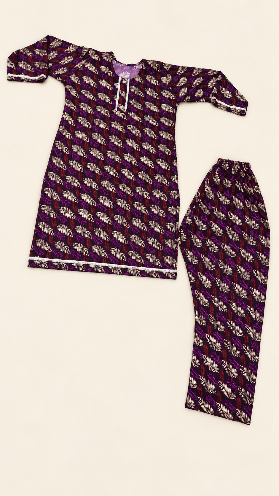 Deep Plum & Cream Leaf Print China Wool 2-Piece Stitched Suit
