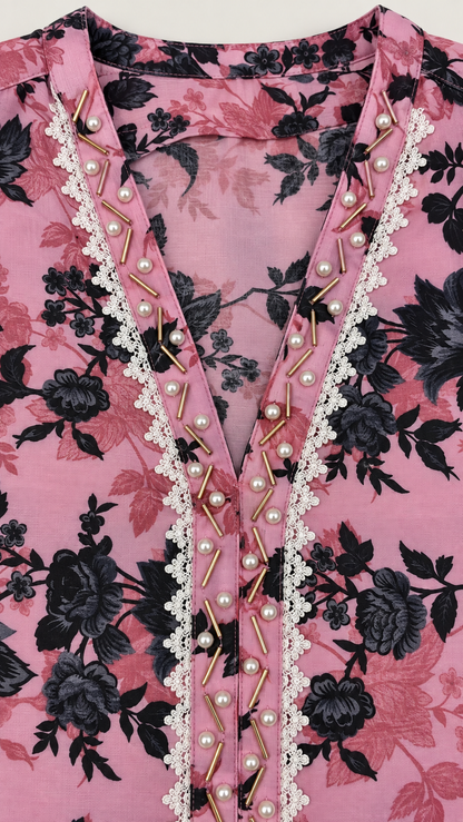 Dusty Pink & Black Floral 2-Piece Stitched Suit
