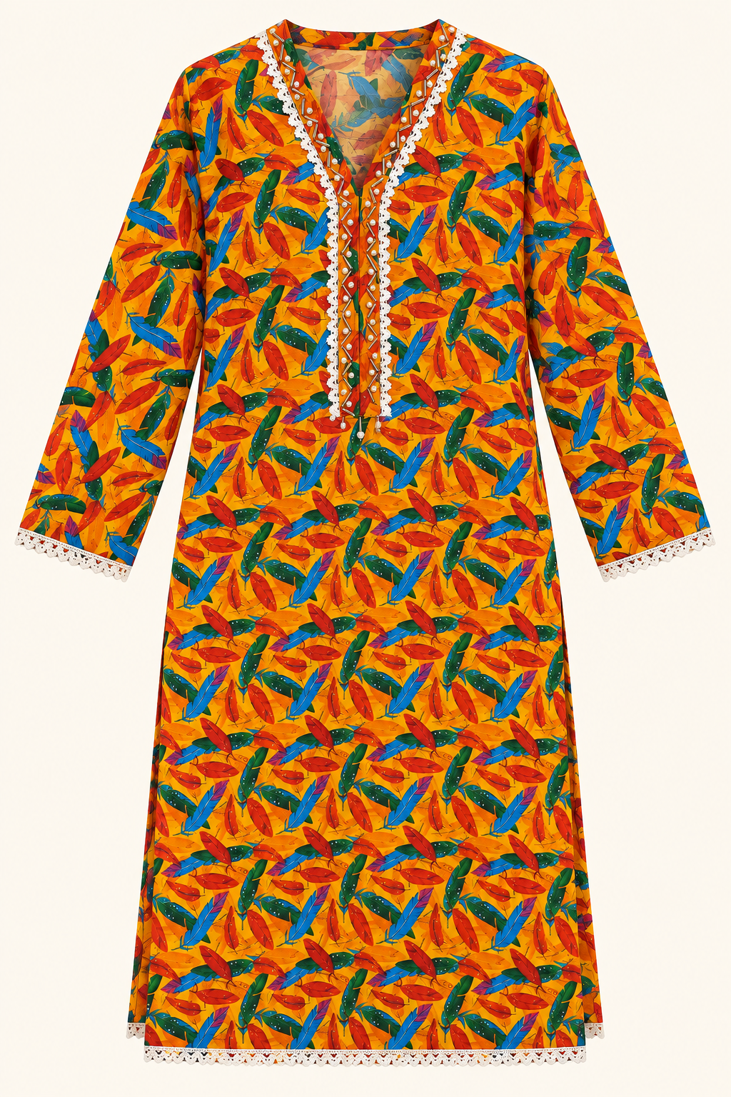 Mustard Yellow Multicolor Feather Print 2-Piece Stitched Suit