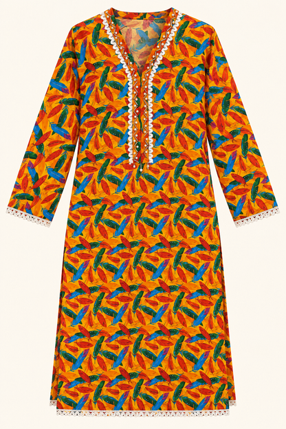 Mustard Yellow Multicolor Feather Print 2-Piece Stitched Suit