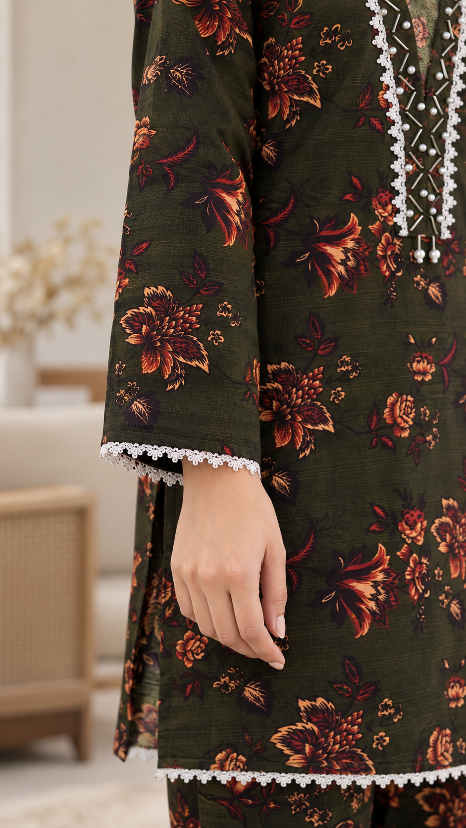 Dark Olive Green & Rust Floral 2-Piece Stitched Suit