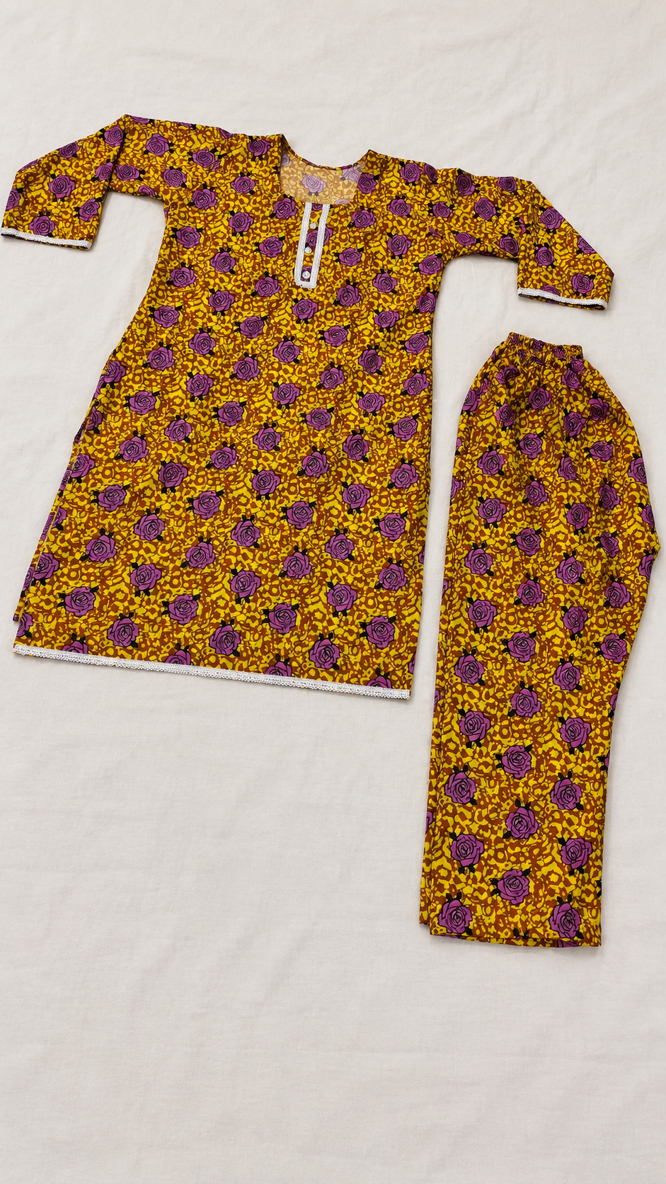 Mustard Yellow & Purple Rose Print China Wool 2-Piece Stitched Suit