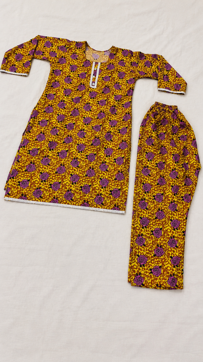 Mustard Yellow & Purple Rose Print China Wool 2-Piece Stitched Suit