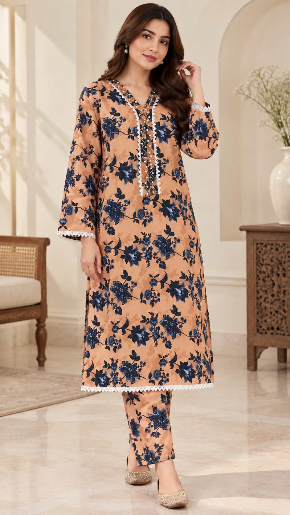 Peach &amp; Navy Floral Print 2-Piece Stitched Suit
