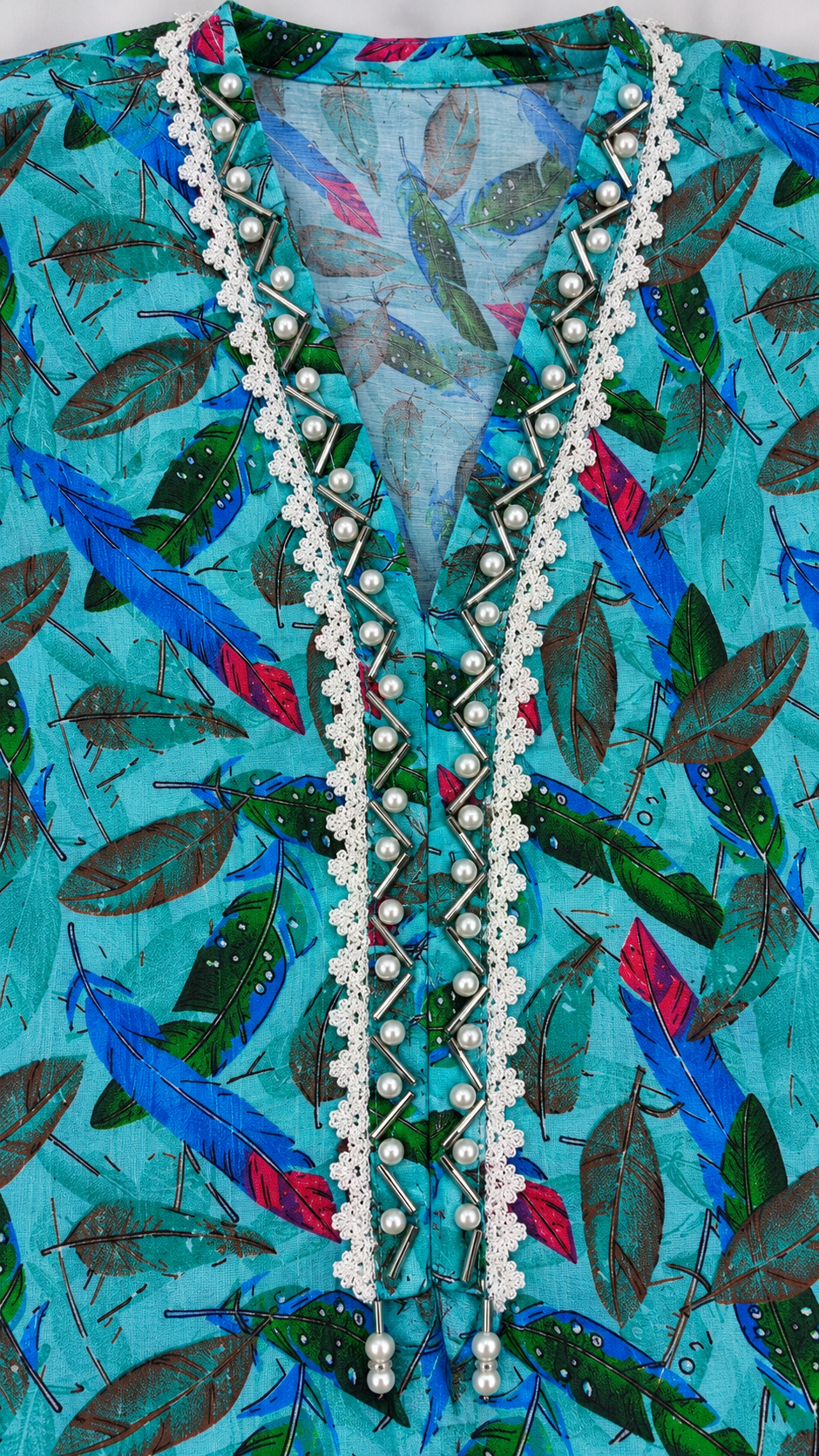 Aqua Turquoise Feather Print 2-Piece Stitched Suit