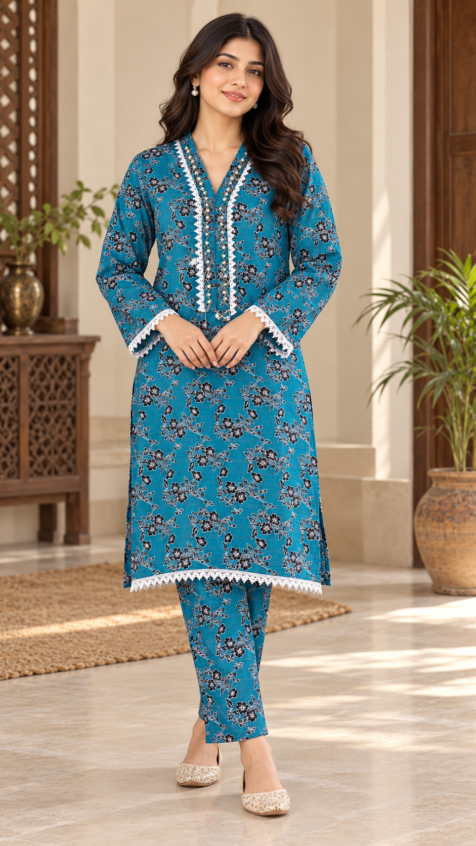 Teal Blue & Black Floral 2-Piece Stitched Suit