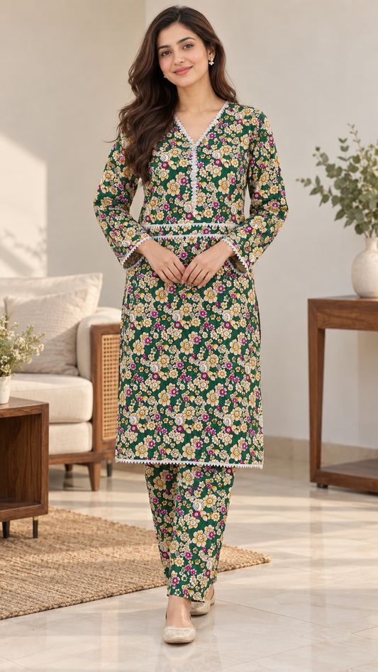 Forest Green & Cream Floral China Wool 2-Piece Stitched Suit