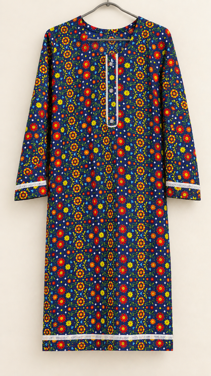 Navy Blue Multicolor Floral China Wool 2-Piece Stitched Suit