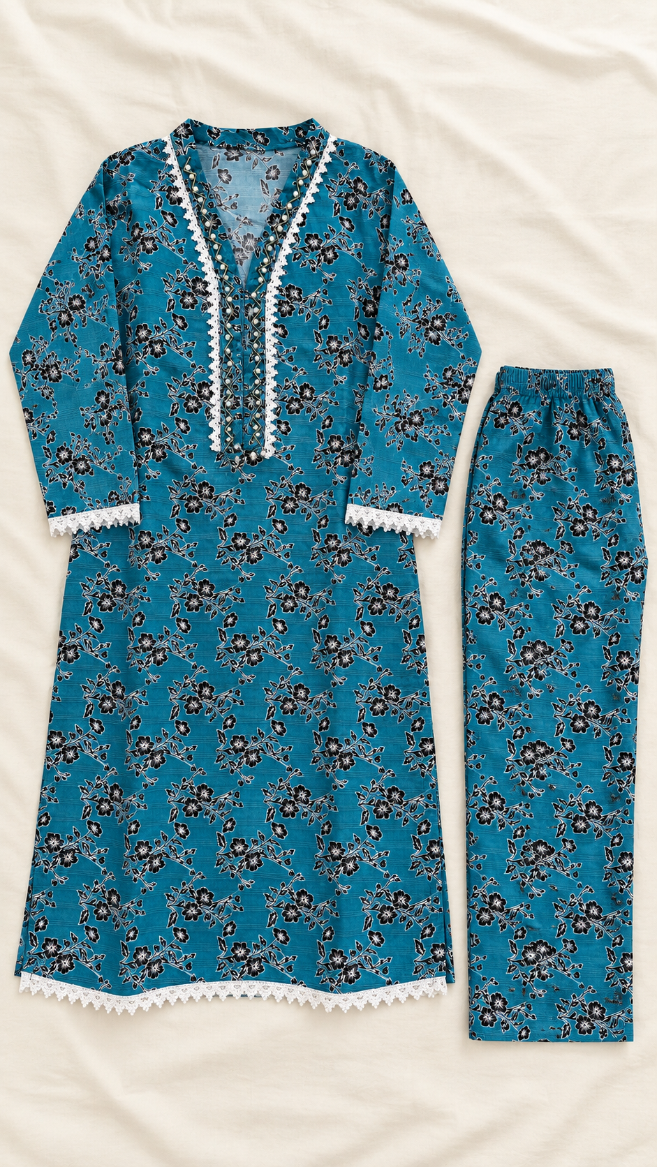 Teal Blue & Black Floral 2-Piece Stitched Suit