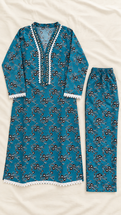 Teal Blue & Black Floral 2-Piece Stitched Suit