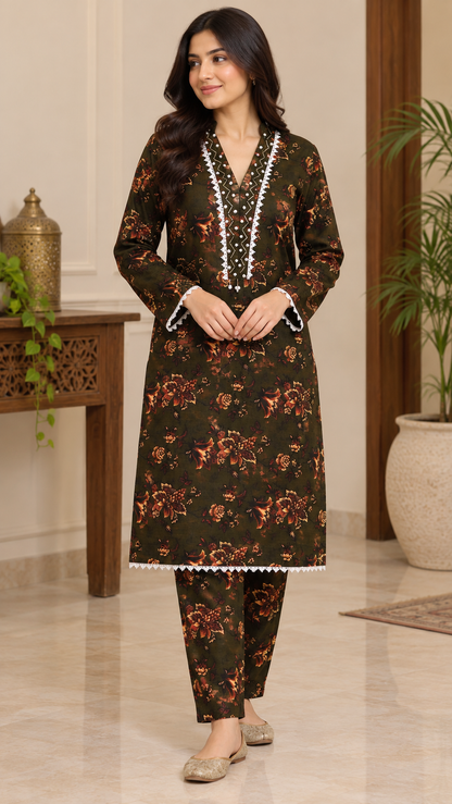 Dark Olive Green & Rust Floral 2-Piece Stitched Suit