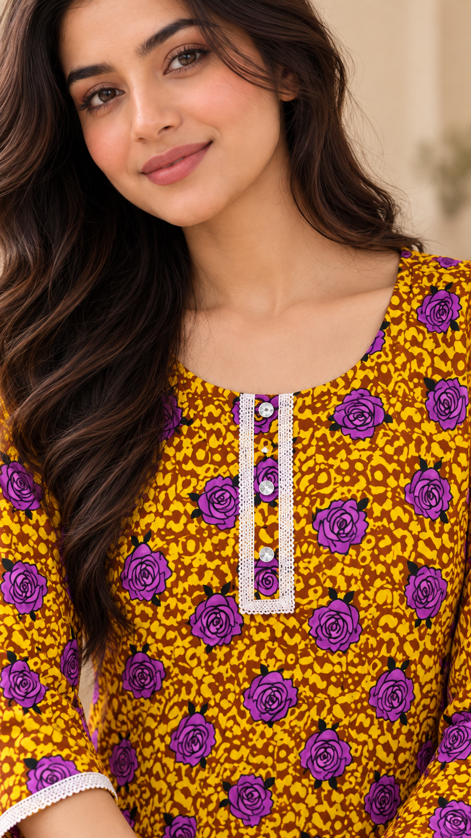 Mustard Yellow & Purple Rose Print China Wool 2-Piece Stitched Suit