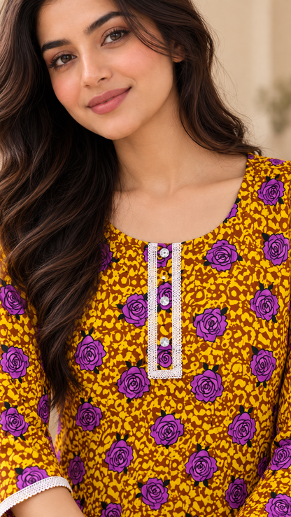 Mustard Yellow & Purple Rose Print China Wool 2-Piece Stitched Suit