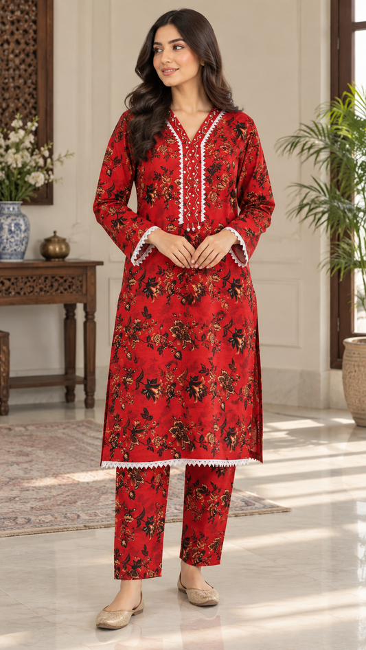 Crimson Red & Black Floral 2-Piece Stitched Suit