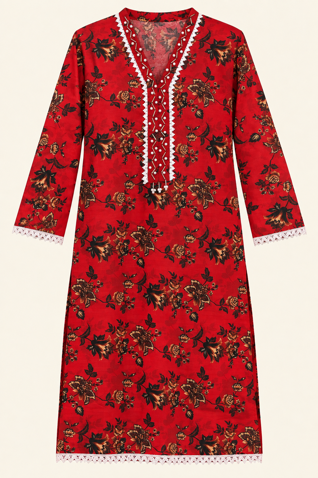 Crimson Red & Black Floral 2-Piece Stitched Suit