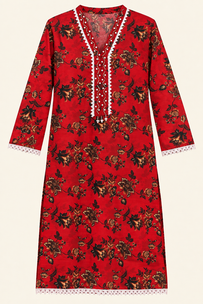 Crimson Red & Black Floral 2-Piece Stitched Suit