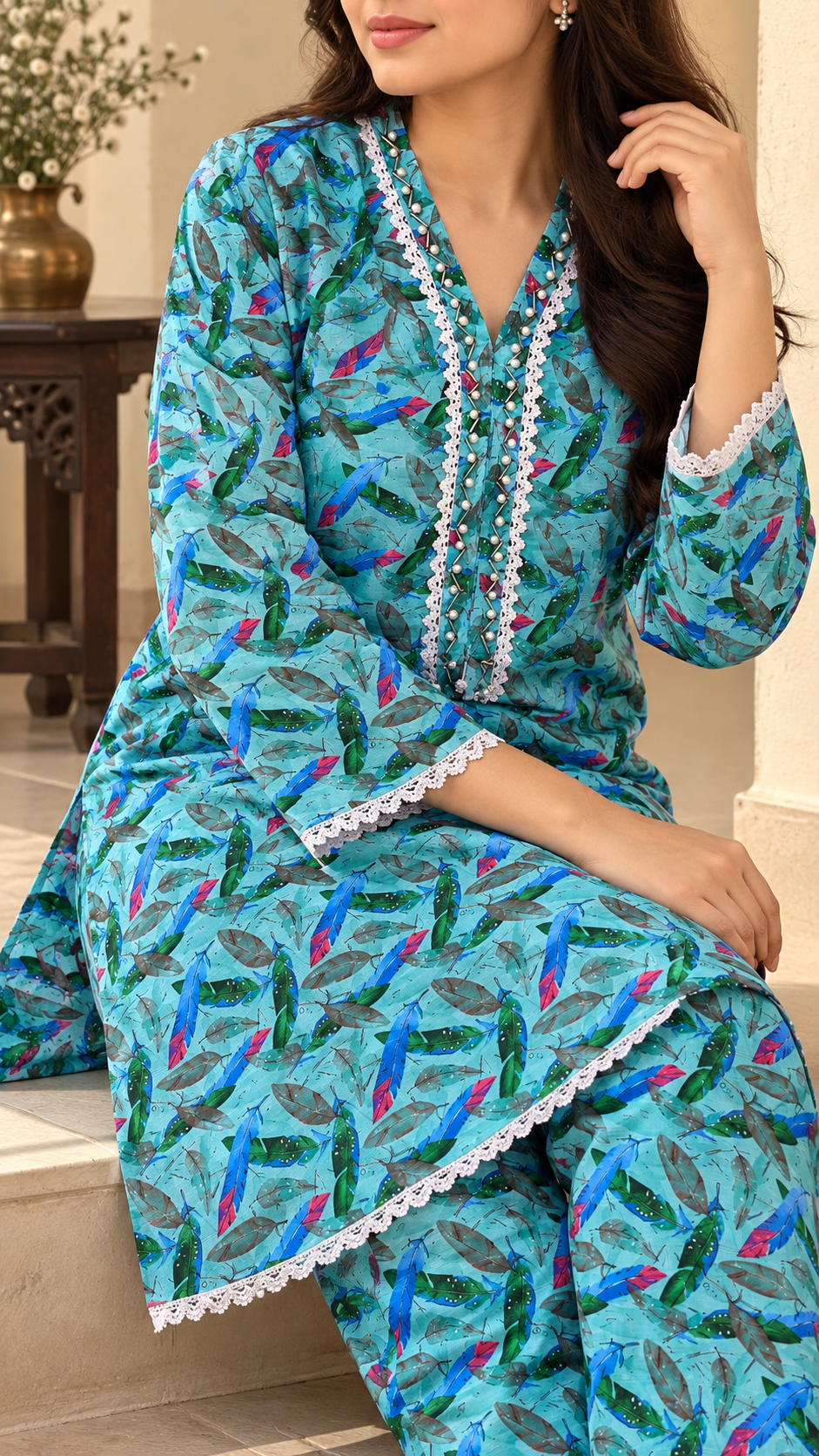 Aqua Turquoise Feather Print 2-Piece Stitched Suit