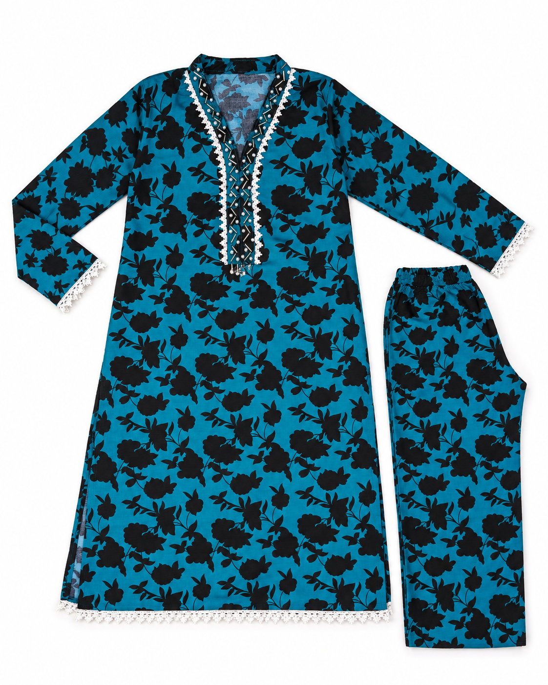 Turquoise Blue & Black Floral 2-Piece Stitched Suit